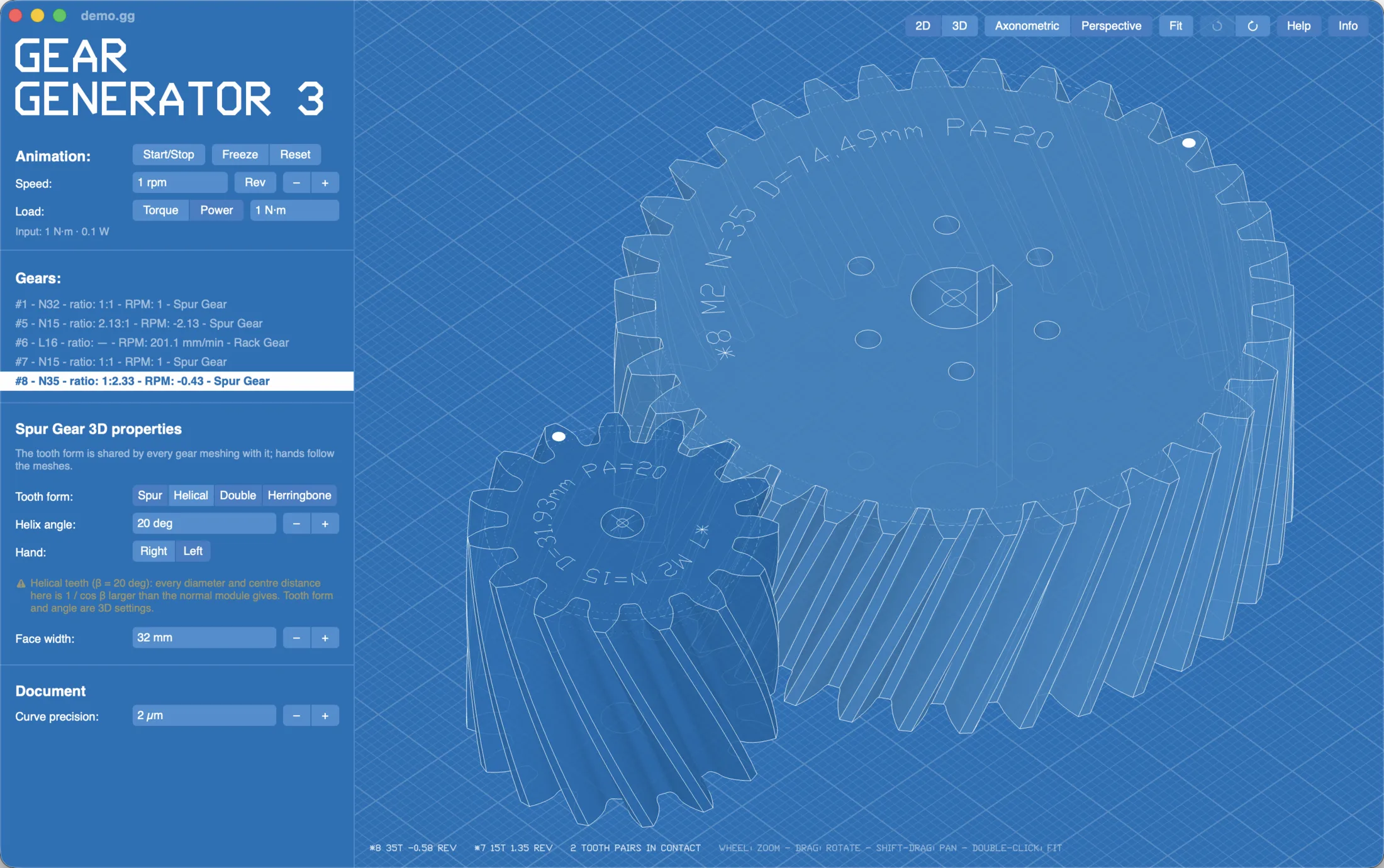 Herringbone gears in the 3D view, in perspective