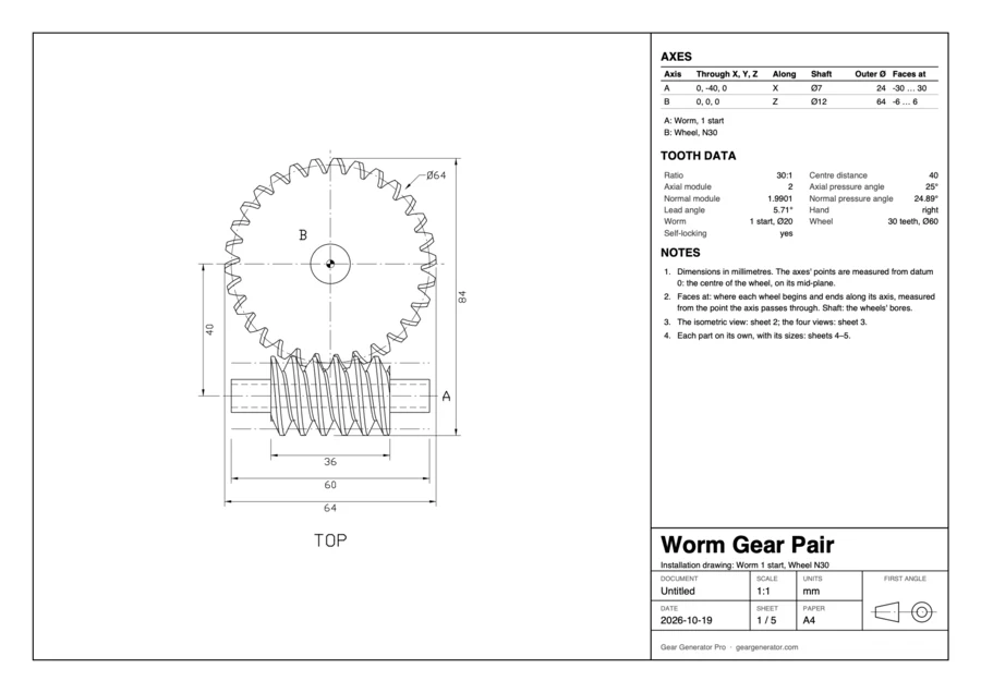 The first sheet of a worm gear pair's installation drawing: the pair from above with its axes A and B and their distances, the axes and tooth data tables, notes, and the title block