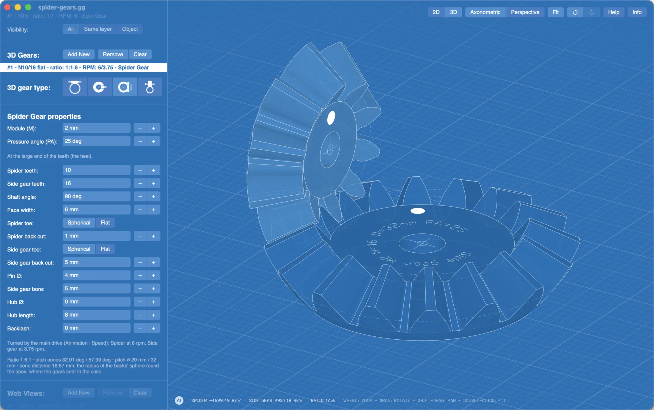 Gear Generator Pro: spider gears, a differential's spider and side gear, in the 3D view with their properties in the panel