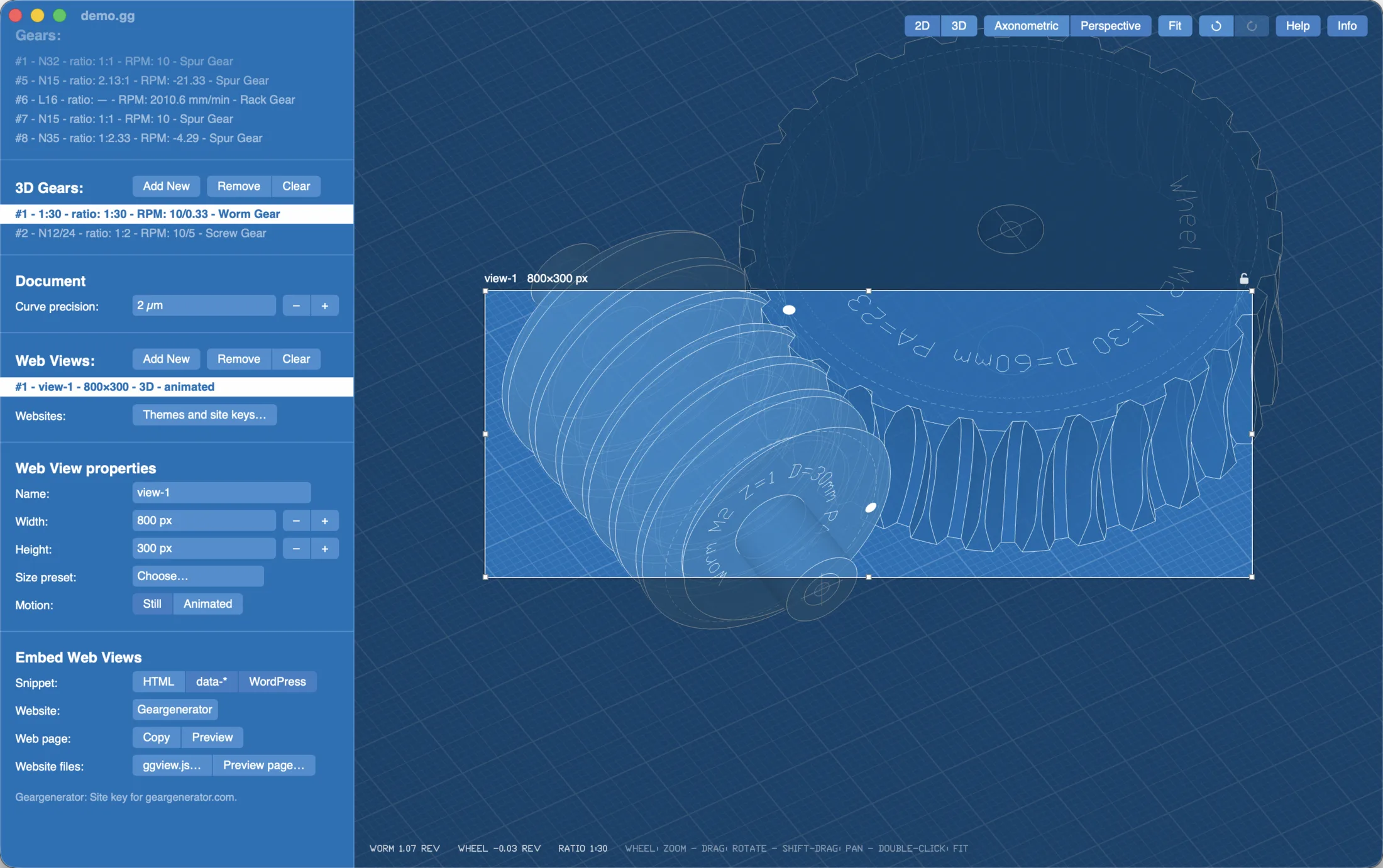 Gear Generator Pro: a web view's crop box over the gear train, with the web view's size and properties in the panel
