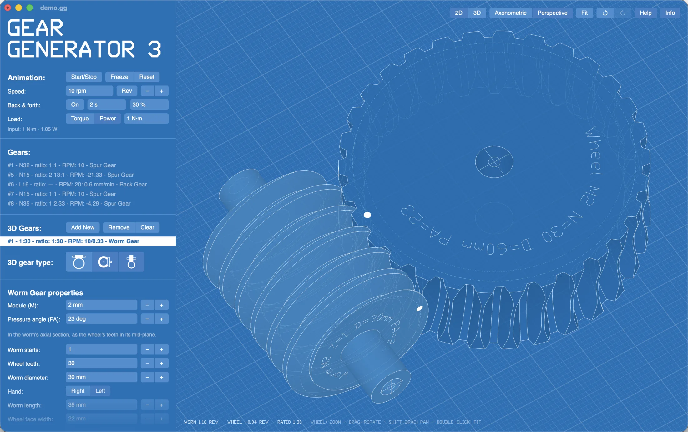 Gear Generator Pro: a worm and its wheel in the 3D view, with the worm gear's properties in the panel