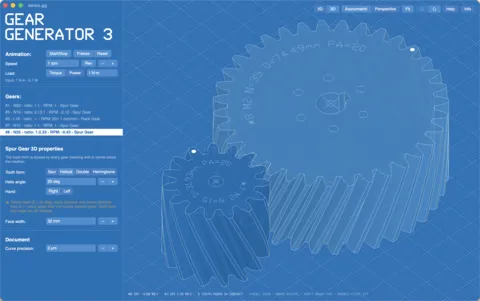 Helical gears in the 3D view, with their 3D properties in the panel