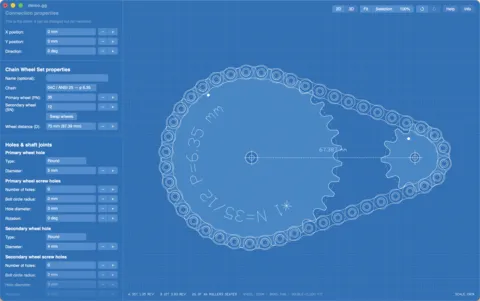 A chain wheel set: two sprockets and a roller chain, with the set's properties and its shaft holes in the panel