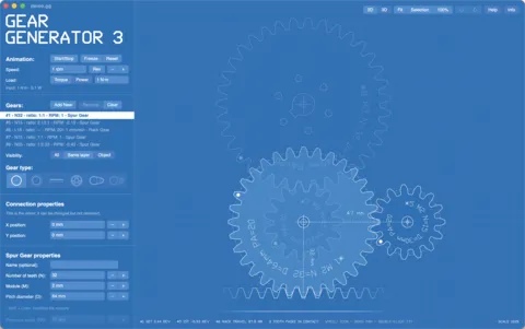 The Gear Generator app: a gear train with a rack, and the driving gear's properties in the panel