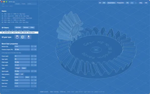 Gear Generator Pro: spiral bevel gears in the 3D view, with their properties in the panel