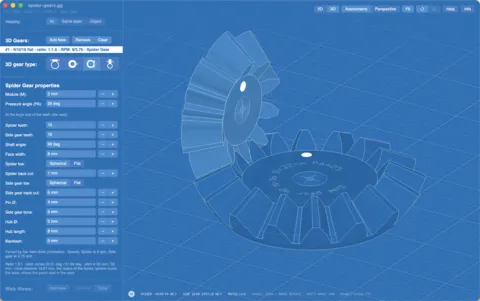 Gear Generator Pro: spider gears, a differential's spider and side gear, in the 3D view with their properties in the panel