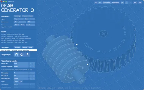 Gear Generator Pro: a worm and its wheel in the 3D view, with the worm gear's properties in the panel